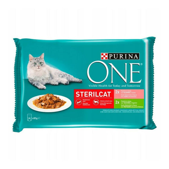 Comida para gato Purina One Sterilcat Salmón Pavo Judías Verdes Zanahoria 4 x 85 g