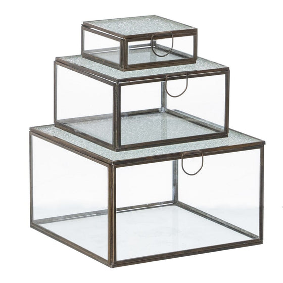 Caja Multiusos 3 Piezas Cristal Dorado Metal 20 x 20 x 12 cm (3 Unidades)